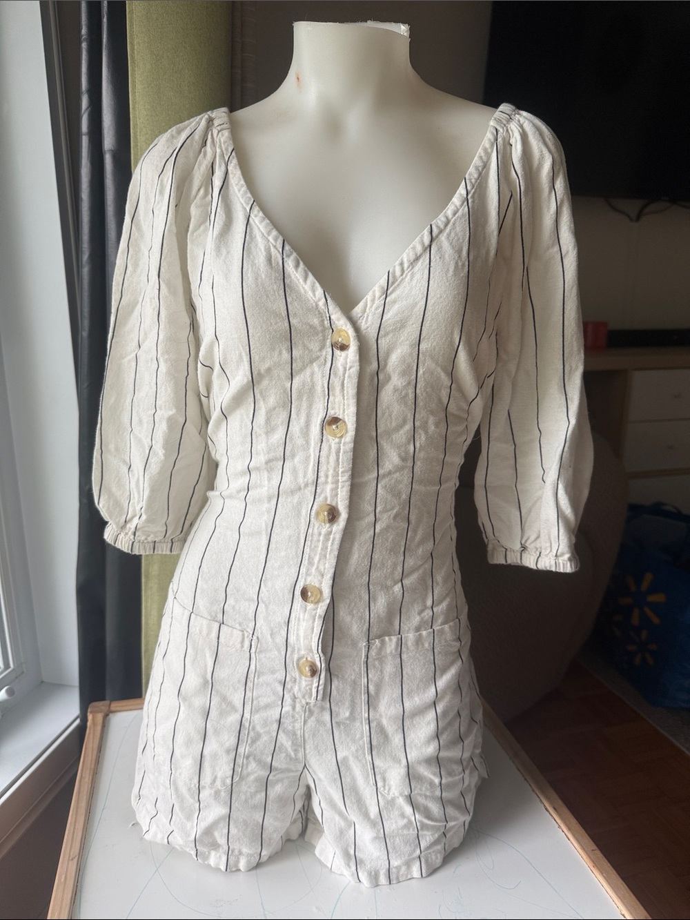 Billabong Cream and Black Striped Button-Front Romper